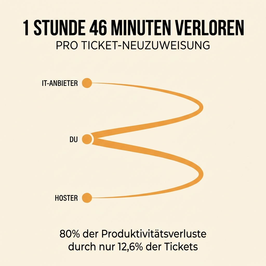 Infografik: 1 Stunde 46 Minuten Verlust pro Ticket-Neuzuweisung; 80 Prozent der Produktivitätsverluste entstehen durch 12,6 Prozent der Tickets
